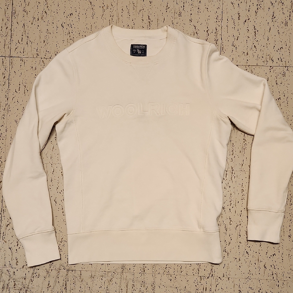 Woolrich Puff Cream White Spellout Logo Pullover Crewneck Sweater